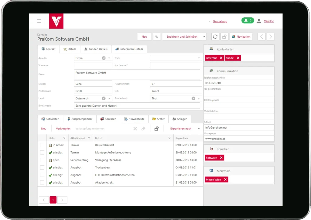 Webkontakt-Verwaltung in der Handwerkersoftware Vendoc mit Kontaktdaten und Aktivitäten.